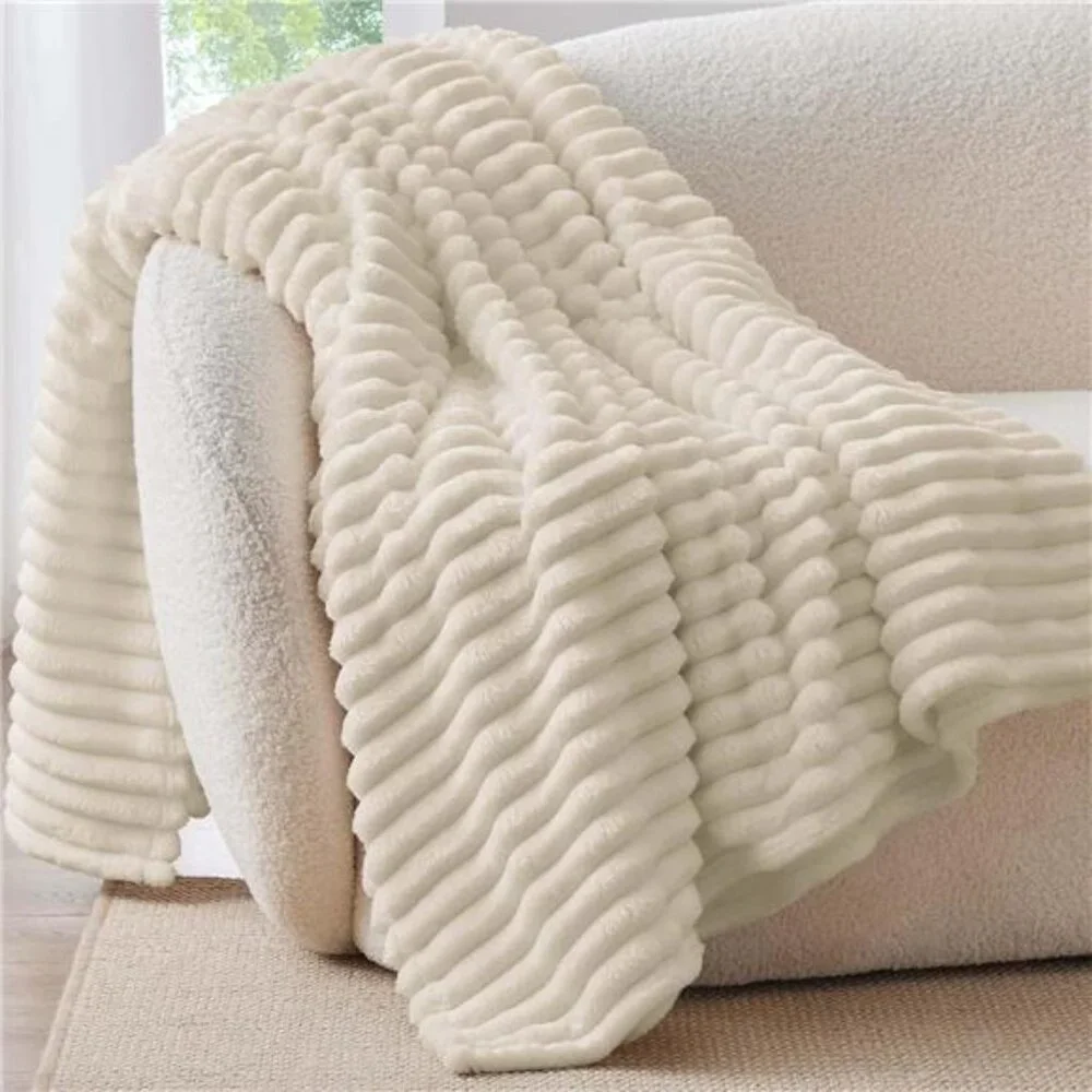 Fleece Throw Blanket for Couch - 300GSM Soft & Warm Fluffy Beige Blanket, Decor